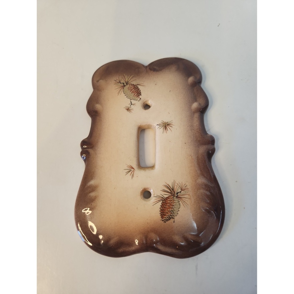 Vintage 1970s Ceramic Pinecone Switch Plate Cover Signed Tinker Jumbo 5-3/8"